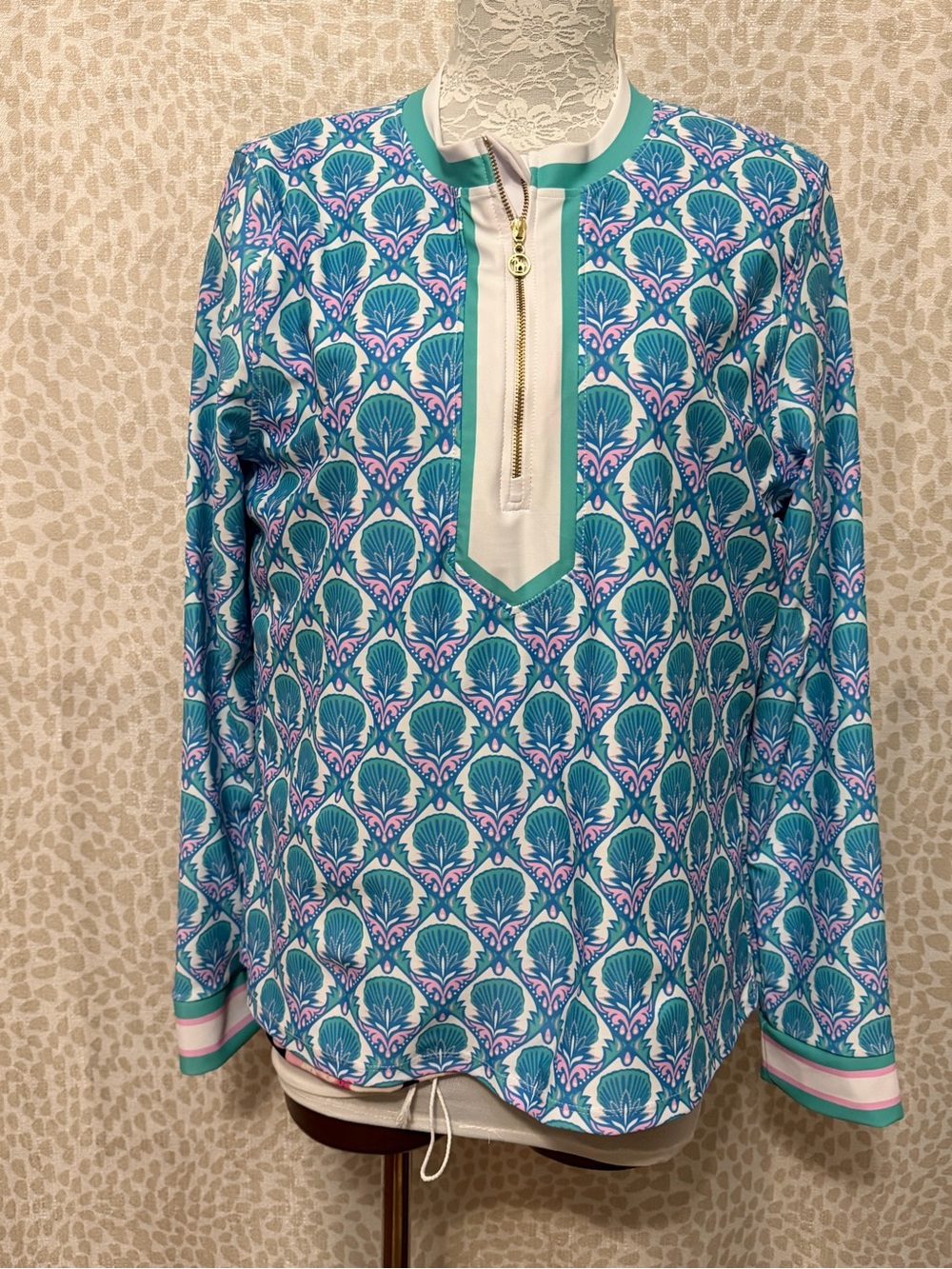Caribbean Joe Teal, White & Pink Patterned Long-Sleeve Swim shirt
